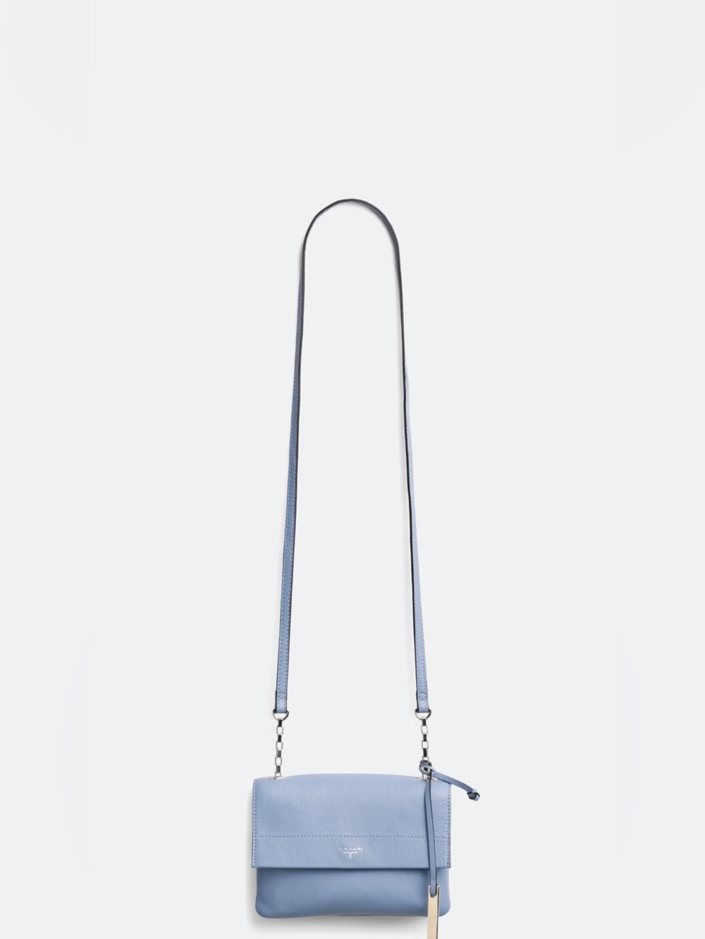 Tahari Pebbled Leather Crossbody - Light Blue Gray with Gold Logo